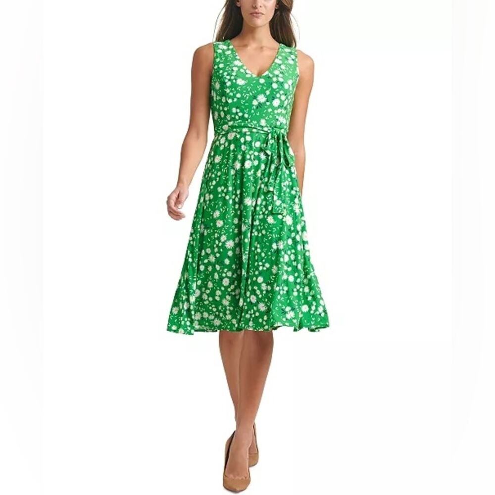 Tommy Hilfiger Sleeveless Spring Green Daisy Floral Belted Midi Dress‎ plus size